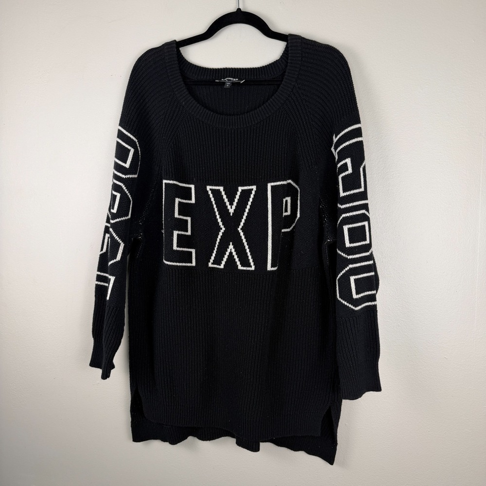 Express Shaker Sweater Women's Large Black Ribbed Knit EXP‎ Logo Cotton Pullover - Picture 2 of 13